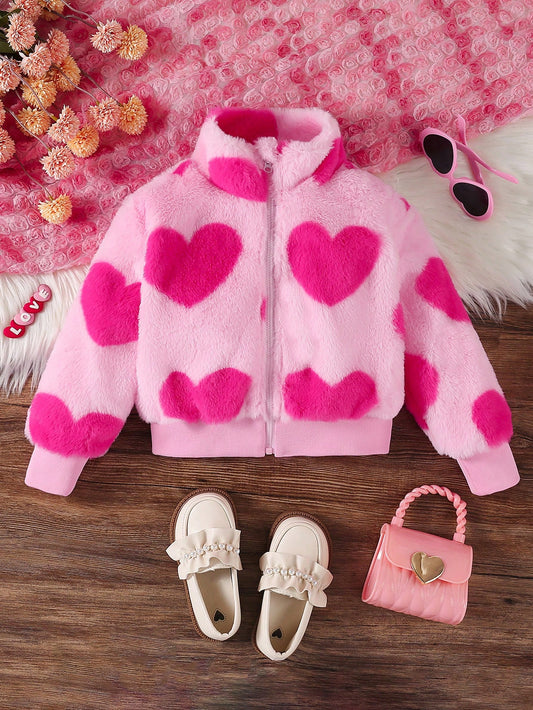 Young Girls' Sweet And Cute Heart-Shape Faux Fur Zipper Jacket For Daily Casual And Outdoors, Spring Autumn Winter