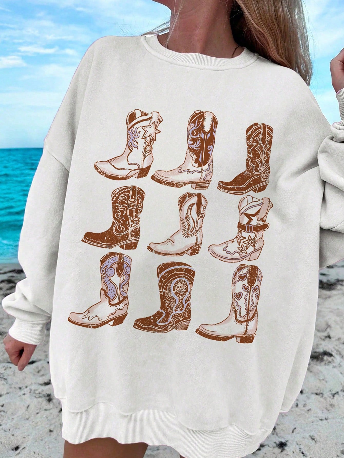 Vintage Boots Casual Simple Printed Round Neck Long Sleeve Loose Women's Sweatshirt