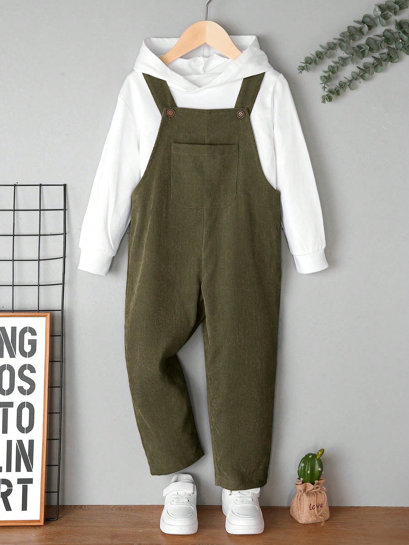 Young Boy Military Green Jumpsuit With Pockets And Adjustable Shoulder Straps