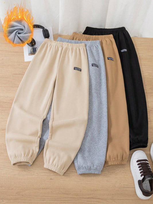 4pcs Tween Boys' Casual Fleece Lined Sweatpants Outfit, Suitable For Commuting, School, Daily Casual, Sports, Autumn & Winter