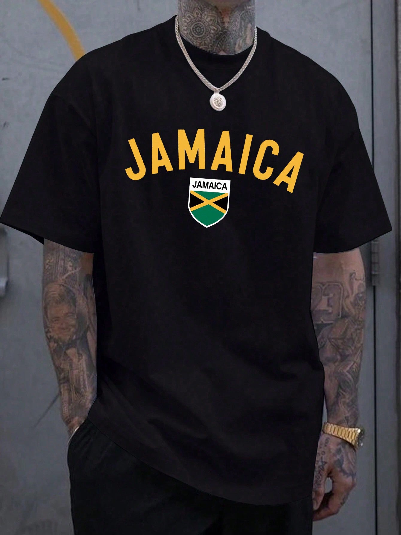 Men Plus Jamaica Letter Graphic  Drop Shoulder Oversized Tee For Summer