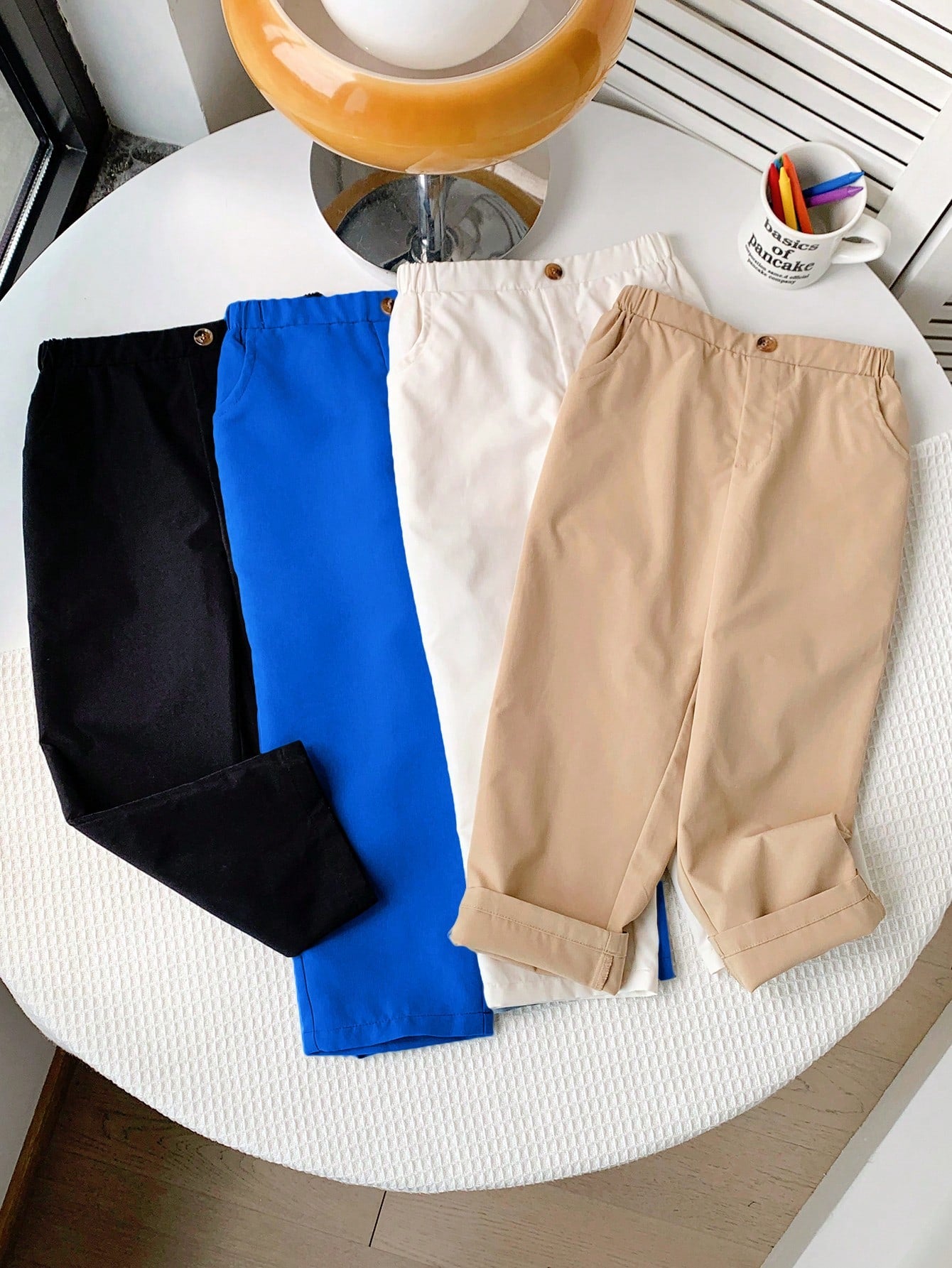 4pcs/Set Young Boy Casual Academy Style Solid Color Button & Pockets Design Loose Comfortable Long Pants, Versatile For Outdoors, Vacations, Parties, School, Home Wear, Suitable For Spring And Summer