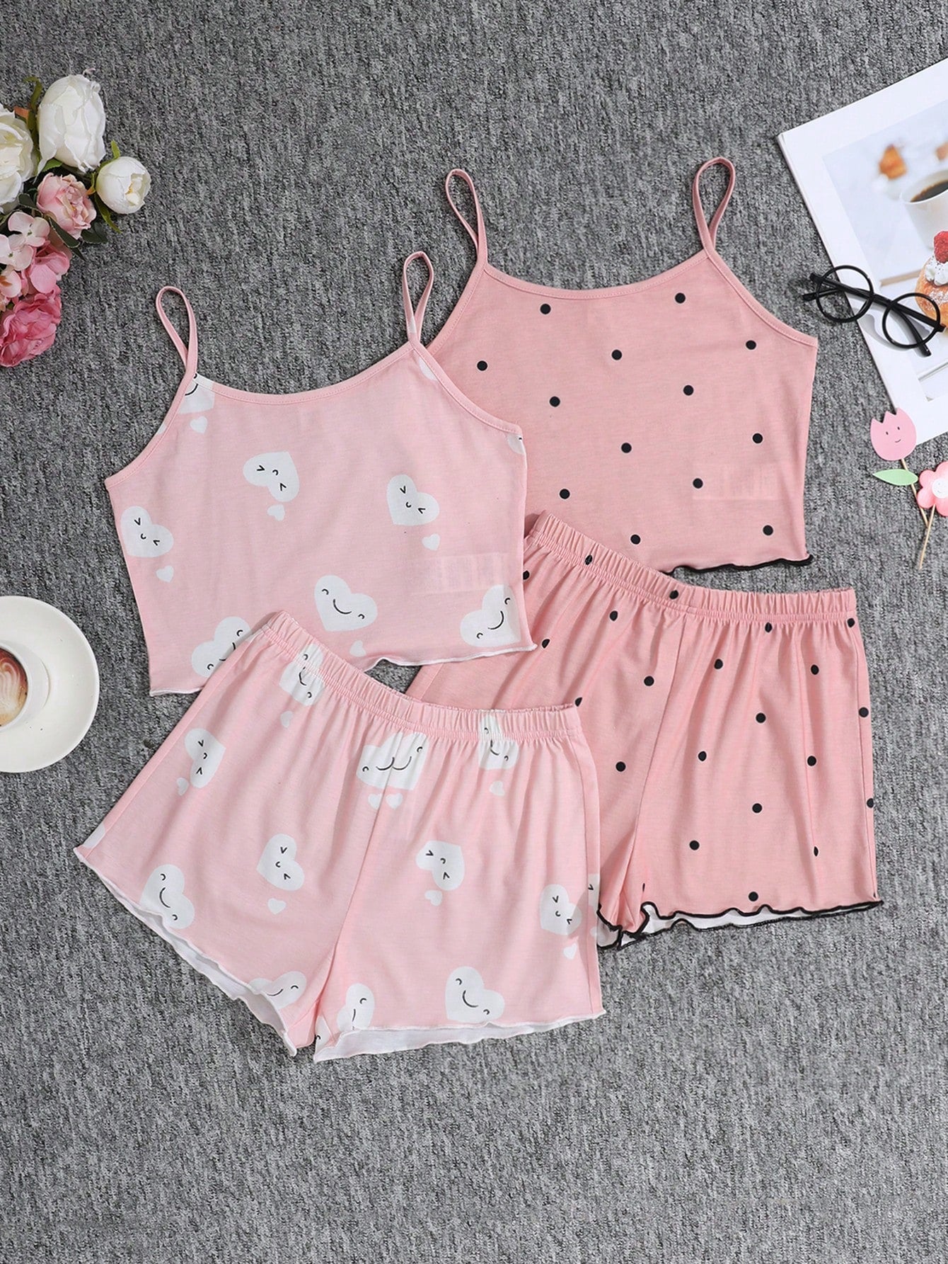 Tween Girl Summer Love & Polka Dot Pattern Tank Top Shorts Casual-Fit Fire Retardant 4-Piece Pajama Set For Home