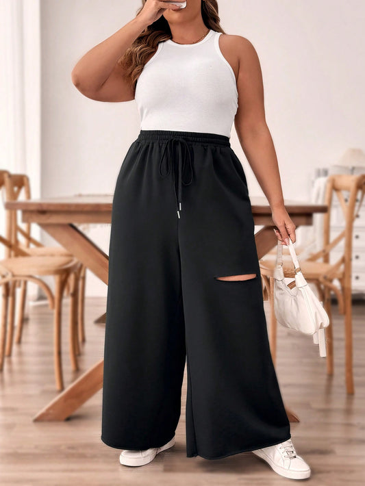 Plus Size Women's Ripped Drawstring Waist Wide Leg Sweatpants