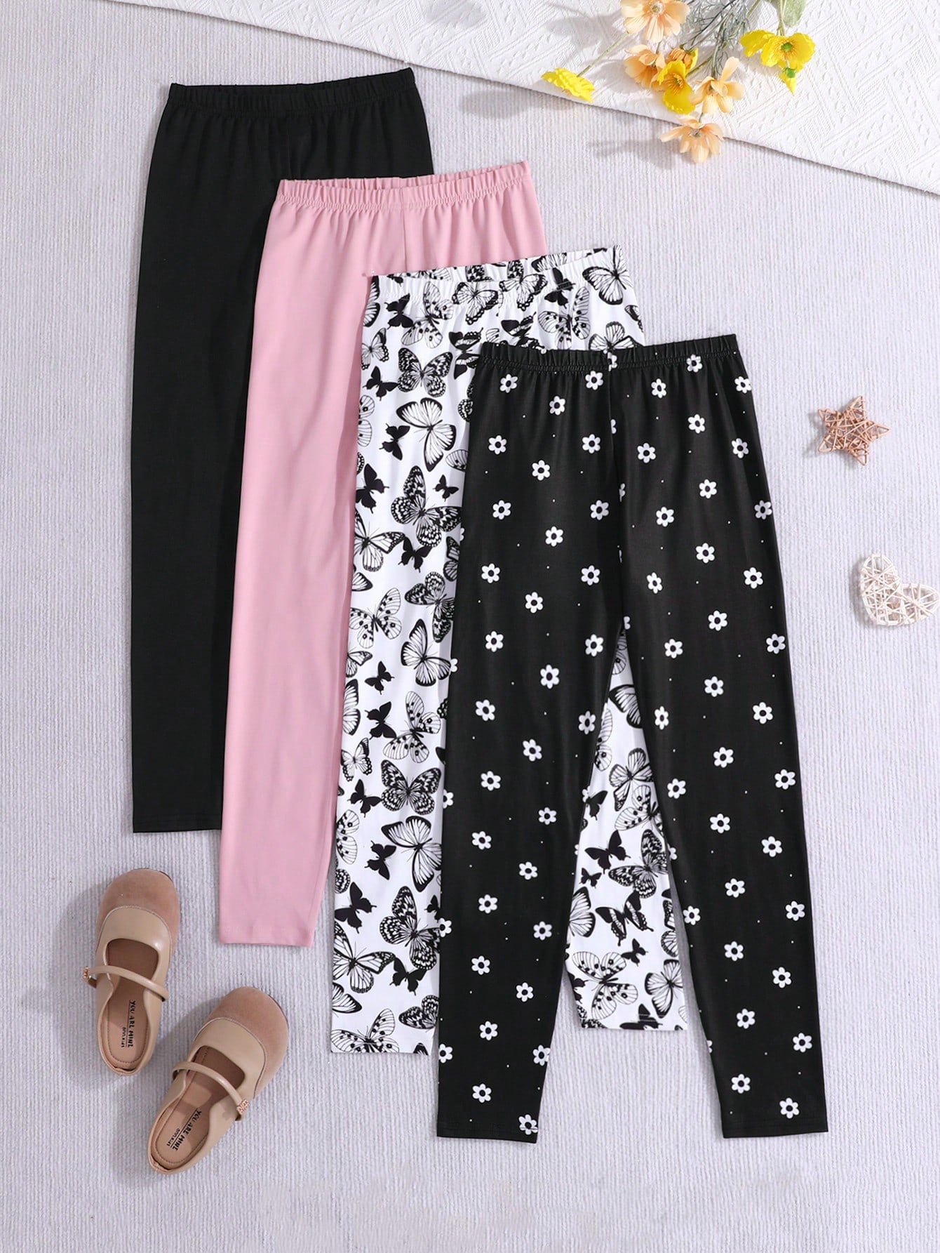 Tween Girl 4pcs/Set Knitted Solid Color With Butterfly & Floral Patterned Casual Pants