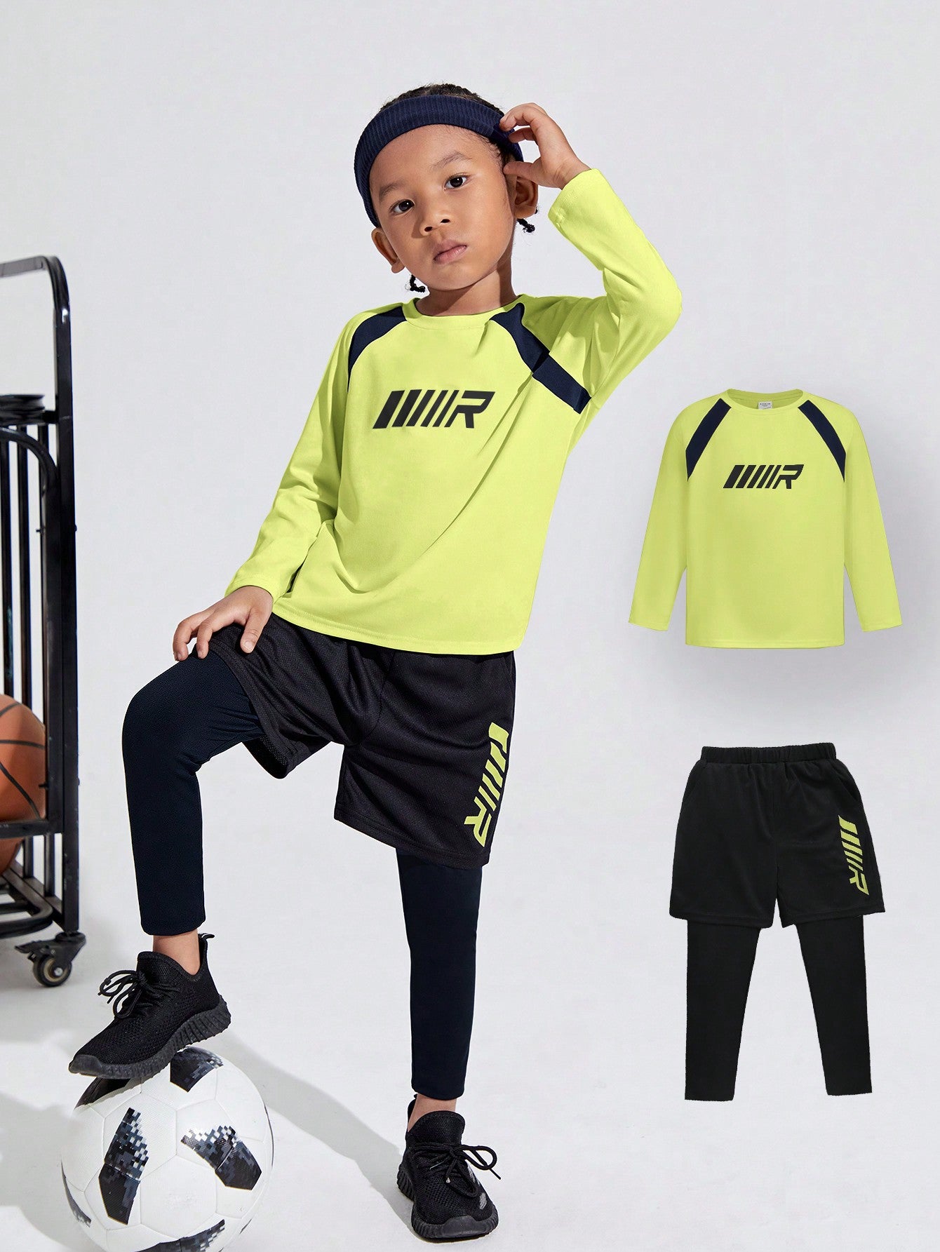 若い男の子用ルーズフィットカジュアルラウンドネックカラーブロック長袖Tシャツとパンツ、2点セットスポーツスーツ