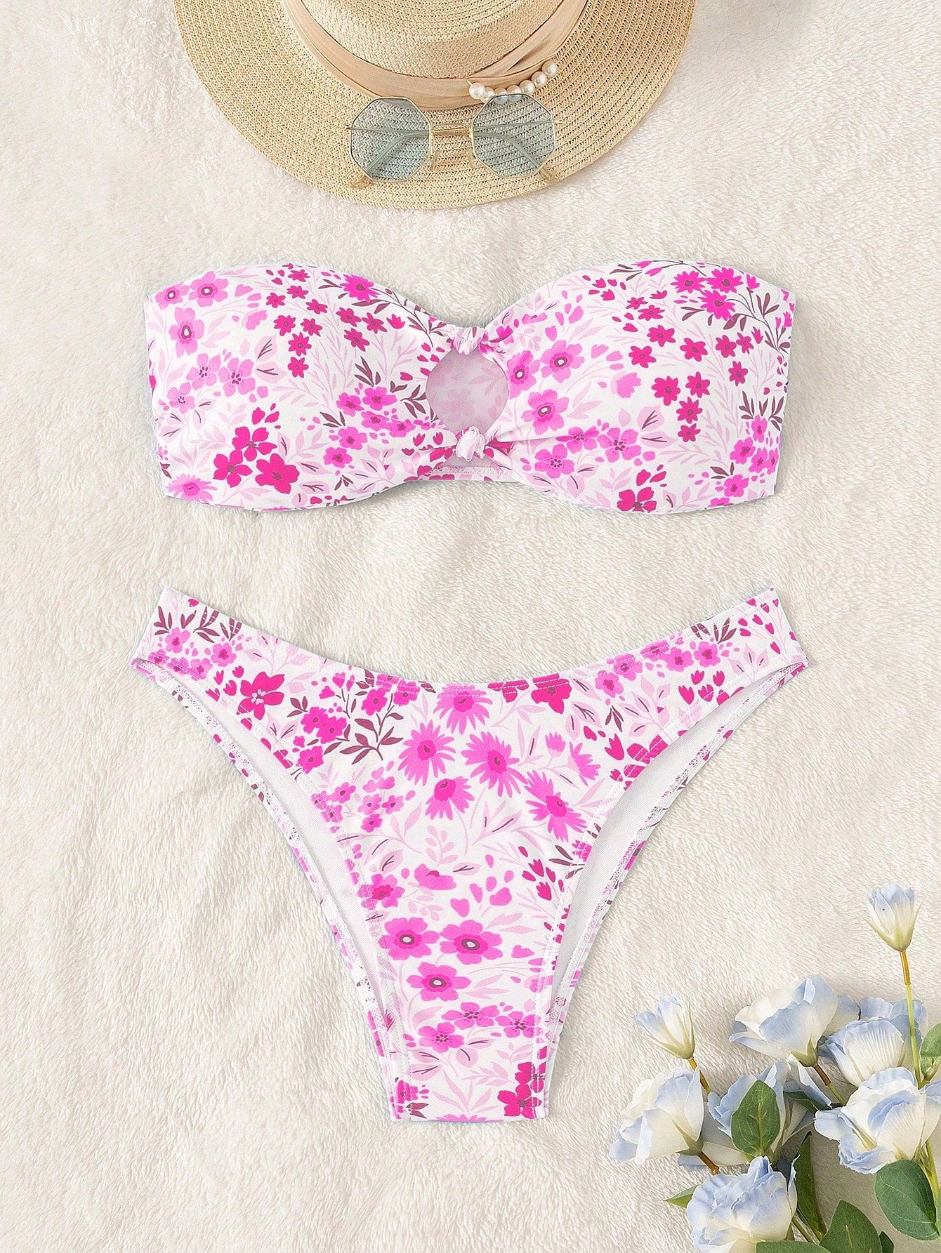 Swim Women Summer Beach Random Flower Print Hollow Out Bandeau Bikini Set