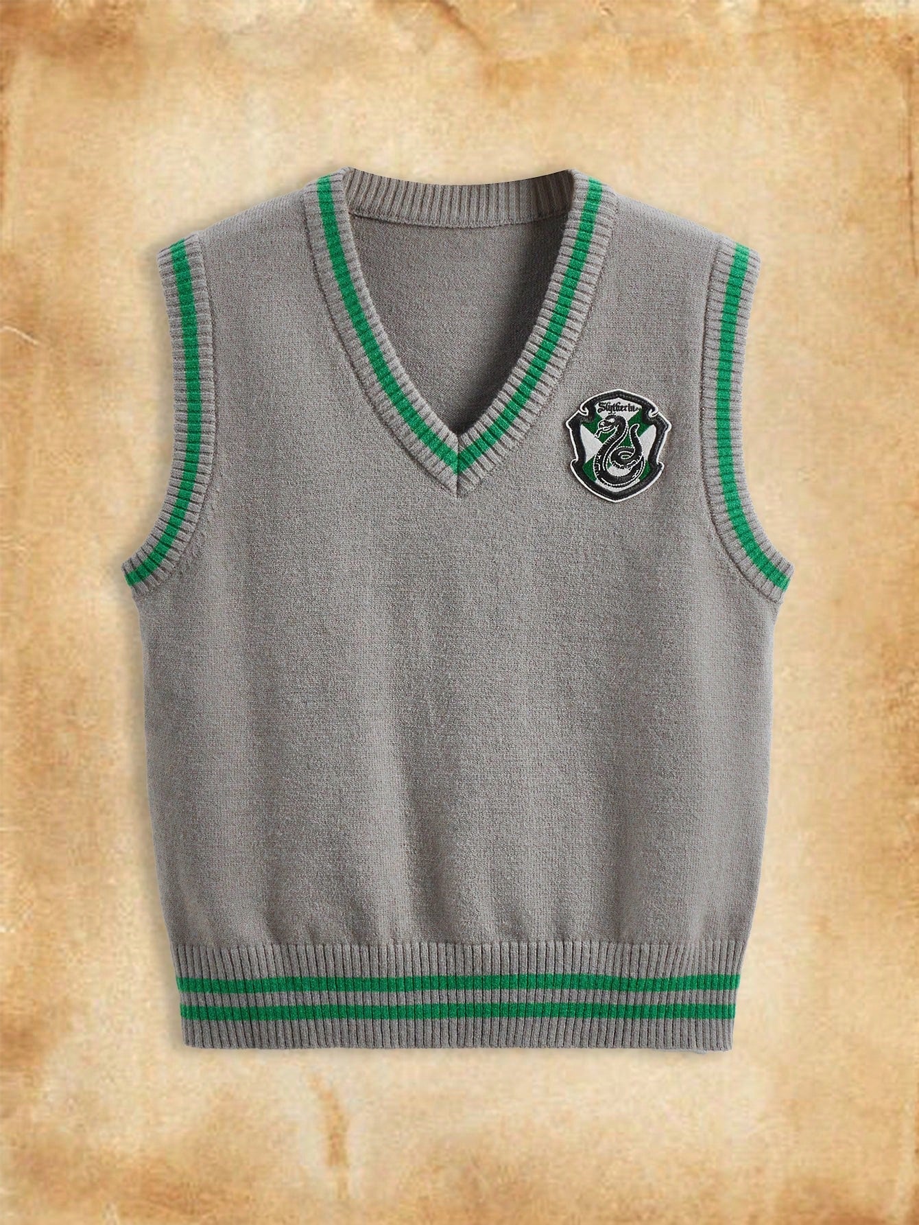 HARRY POTTER X Plus Slytherin Badge Logo Patched Classic Soft And Warm V-Neck Color Block Grey Sweater Vest, Suitable For Everyday Wear And Universal Studios Tour