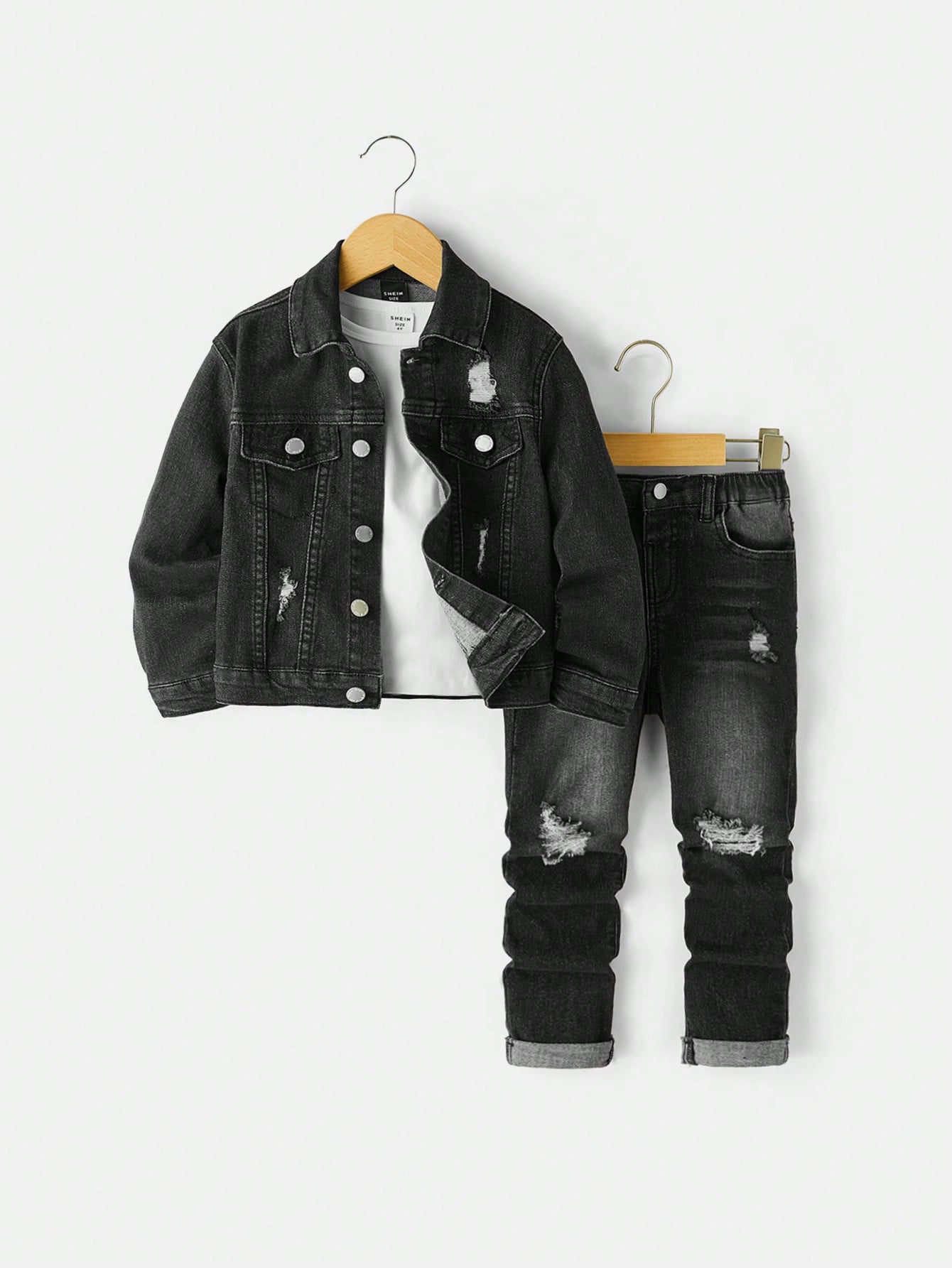 Young Boy 2pcs/Set Loose Fit Denim Jacket And Skinny Jeans Outfits