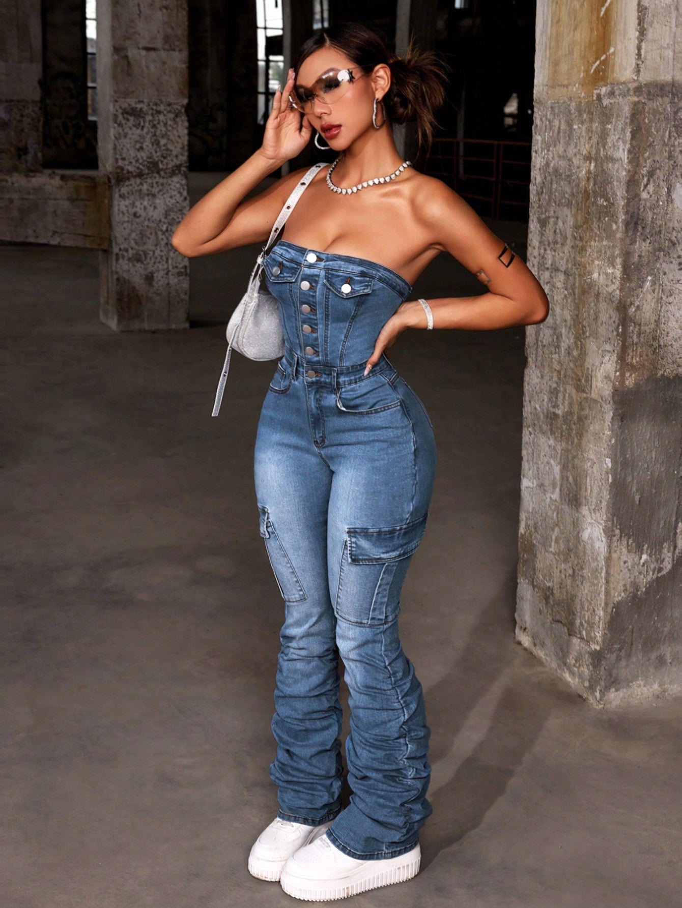 Women Flap Pocket Ruched Tube Denim Jumpsuit