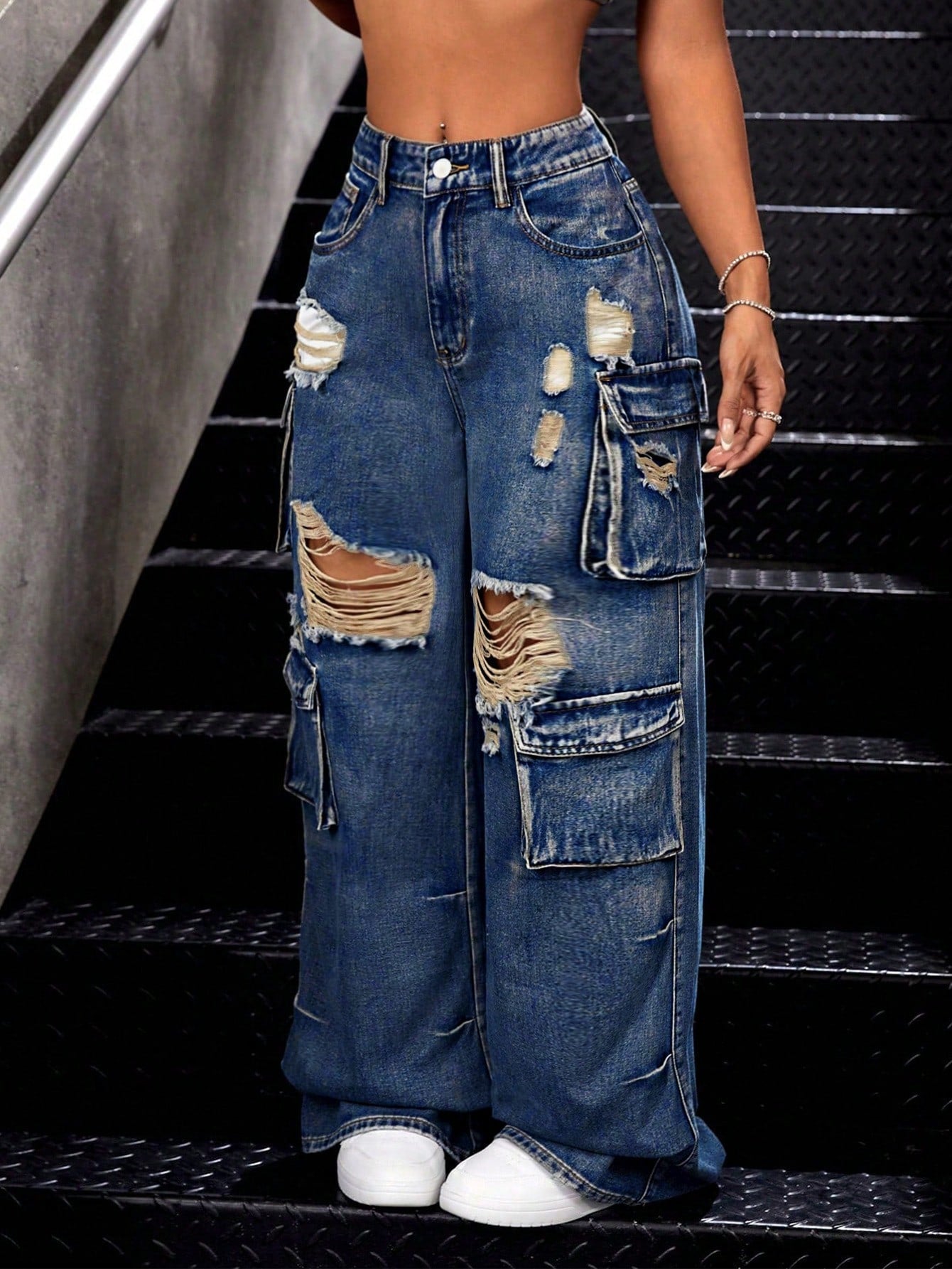 Women\ Hole Ripped Baggy Wide-Leg Casual Denim Jeans With Pockets