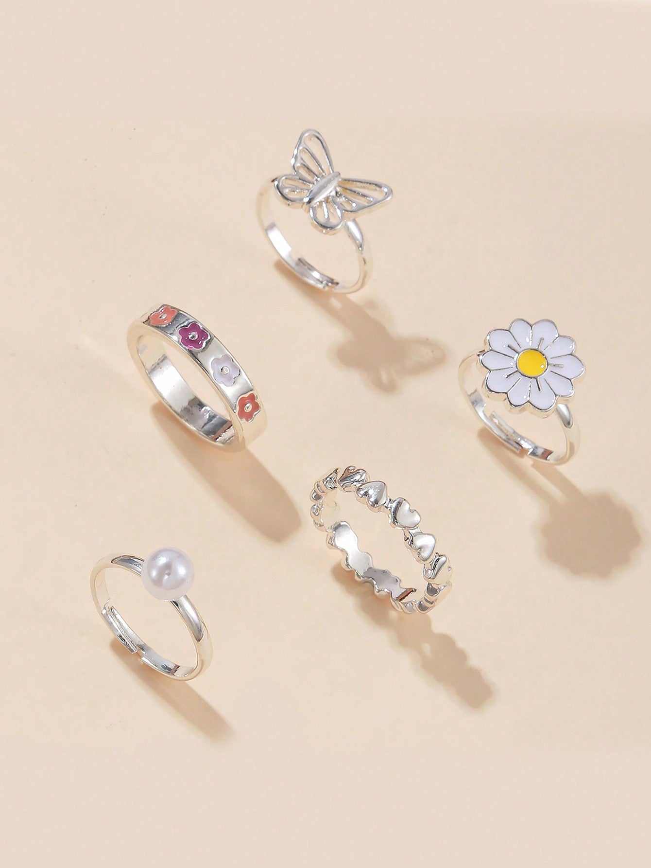 5pcs Adjustable Pearl Rings Set - Includes Butterfly, Daisy And Heart Rings, Perfect Gift Choice