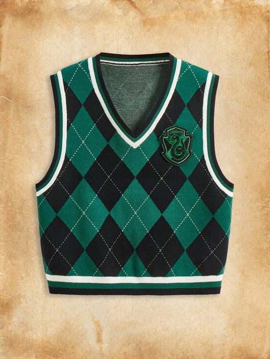 HARRY POTTER X Plus Size Slytherin Green Plaid Casual Oversized Sweater Vest, College Style, Autumn