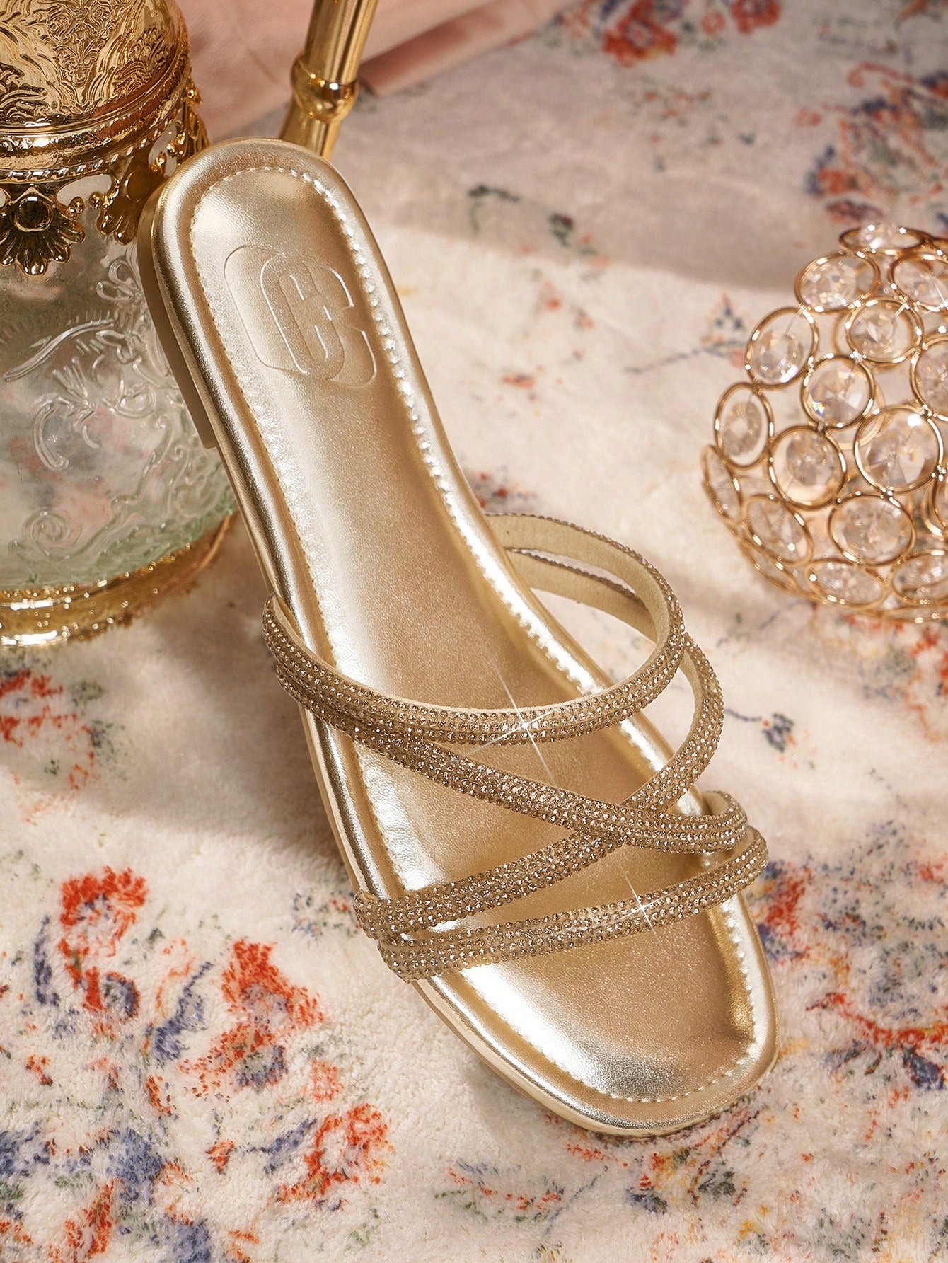 TILAWA Gorgeous Sparkling Champagne Color Sandals With Dazzling Rhinestone Belt Halloween