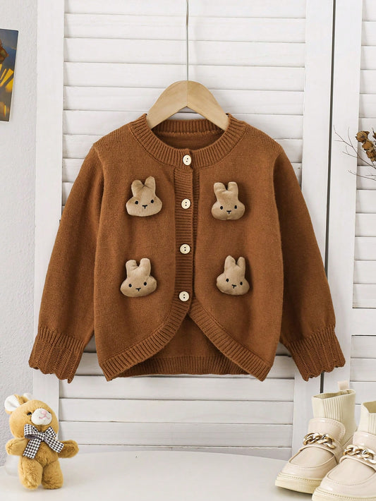 Young Girls Bear Patched Long Sleeve Cardigan For Dailywear