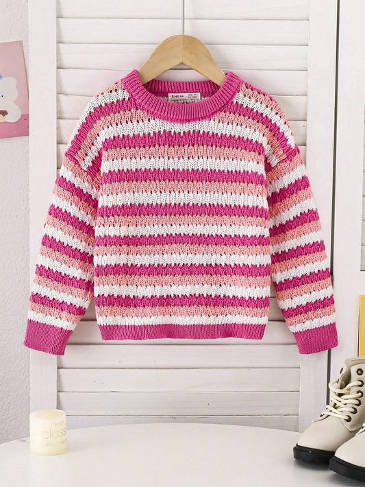 Girls' Sweater, Leisure & Fashionable, Sweet &  Style, Loose & Comfortable, Round Neckline, Suitable For Daily Wear, Vacation And School, Knitted, Autumn & Winter