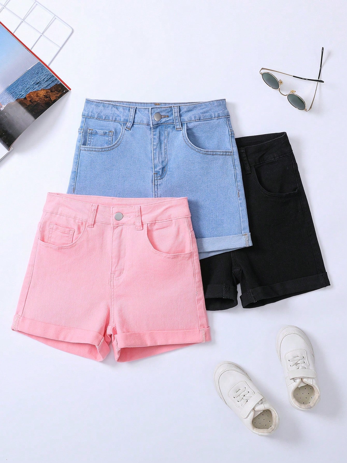 Teen Girl 3-Piece Pocket Elastic Slim Rolled Hem Casual Denim Shorts