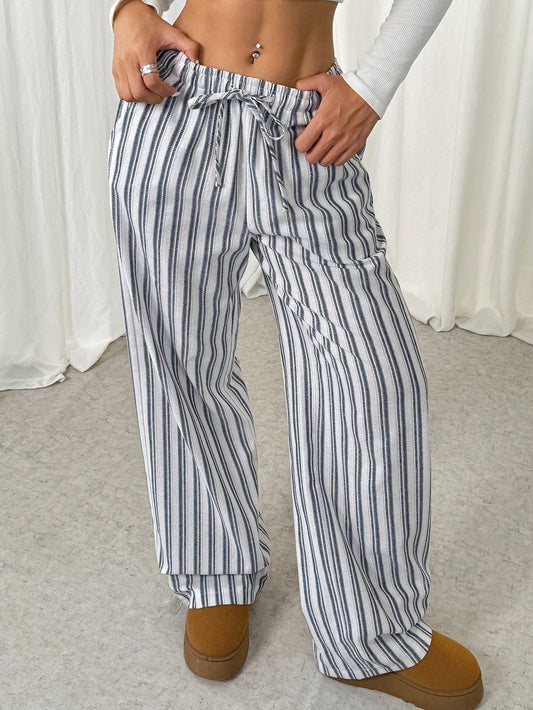 Striped Print Drawstring Waist Casual Straight Pants With Pockets