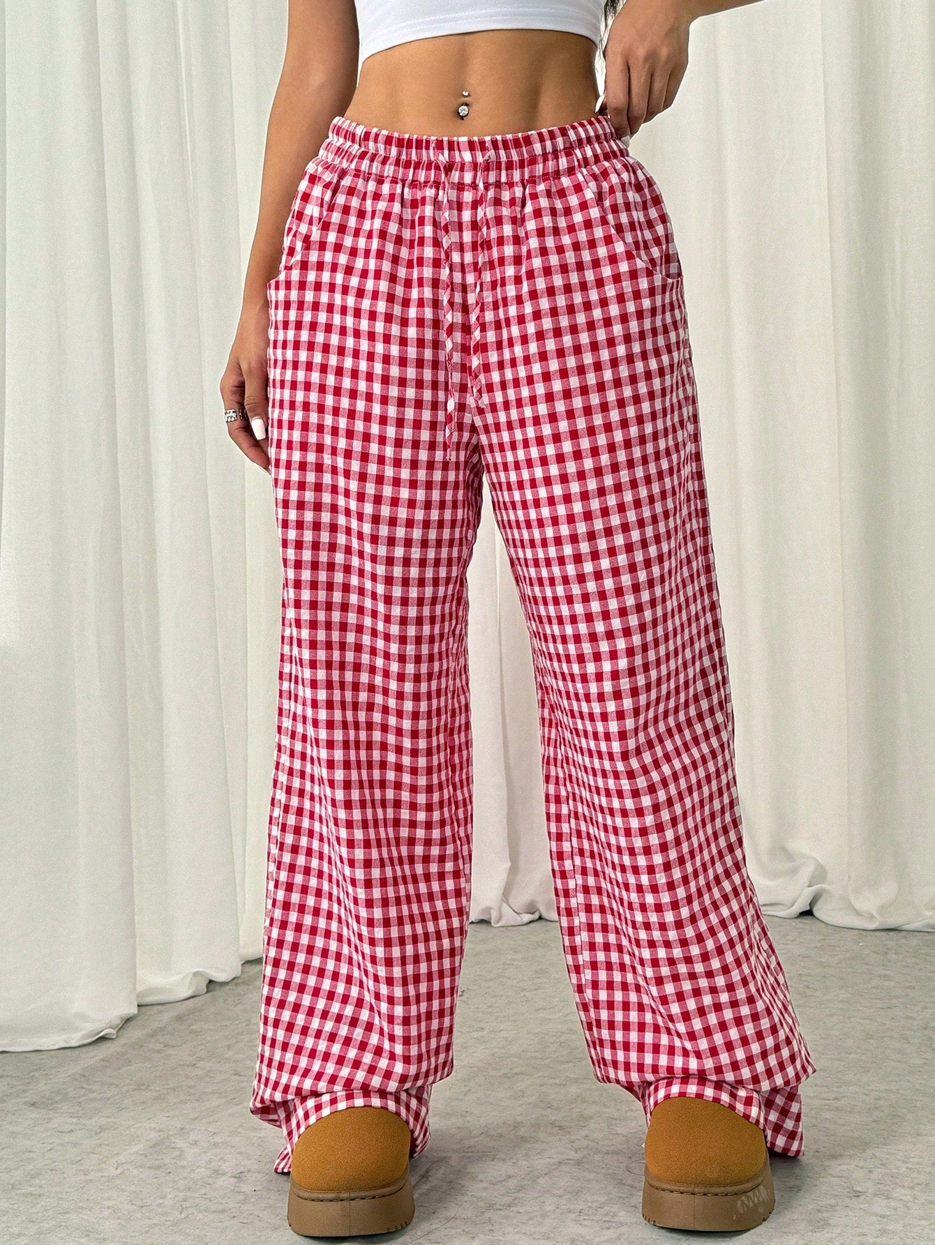 Striped Print Drawstring Waist Casual Straight Pants With Pockets