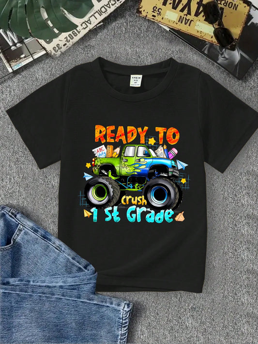 Young Boy Back To School Season Off-Road Vehicle Cartoon Print Short Sleeve T-Shirt