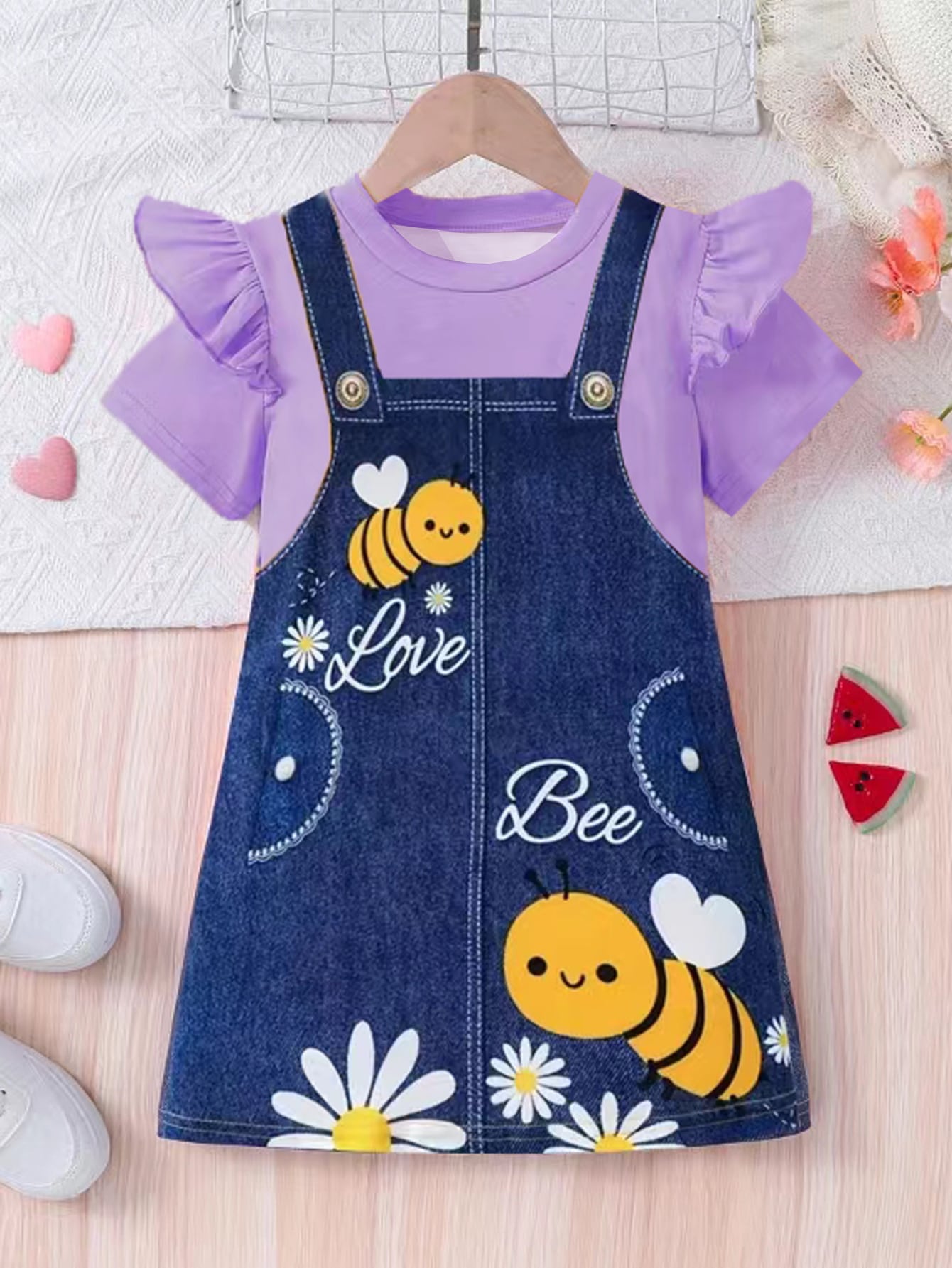 Young Girl Cute Bee Print Sleeveless Overall Casual Dress With Round Neckline