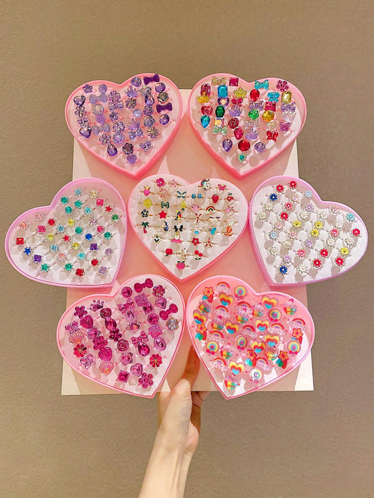 1 Box Of 36pcs Cute Cartoon Heart Shaped Box Rings For Children