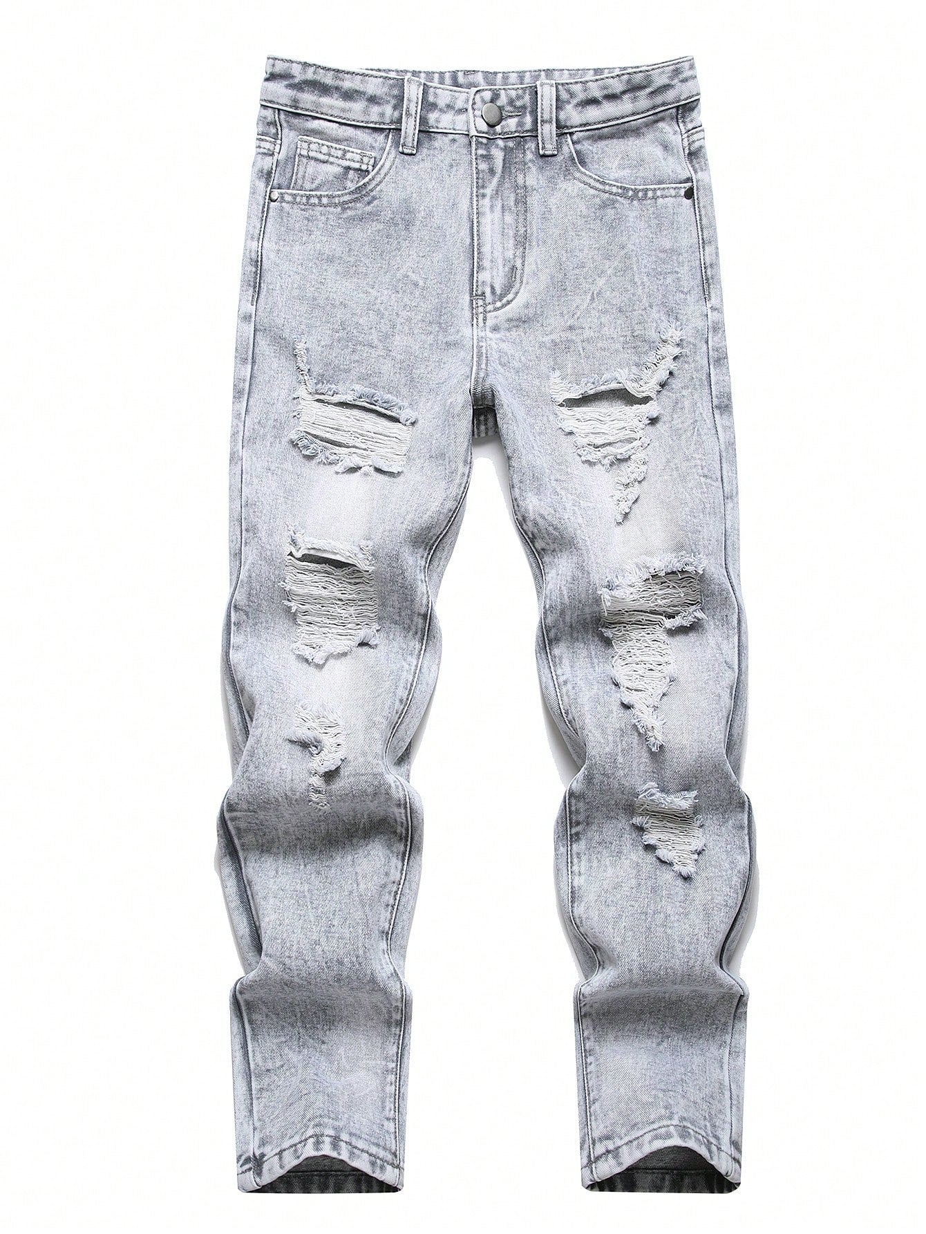 Teenager Boys' Distressed Gray Snowflake Print Slim Fit Year-Round Denim Jeans