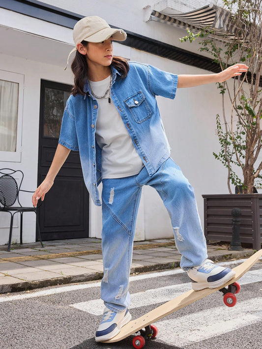 TWEEN BOY Street Cool Drop-Shoulder Gradient Washed Denim Shirt & Elastic Waist Ripped Jeans Set