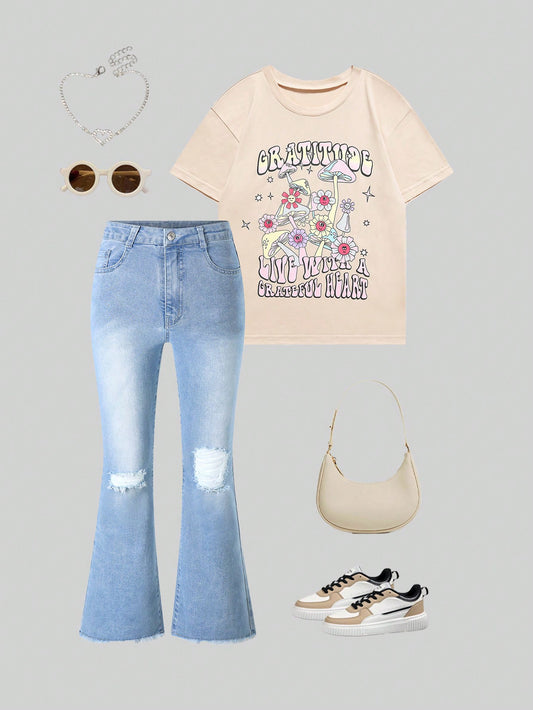 Streecool Kids TWEEN GIRL Casual Mushroom, Flower & Smile Print T-Shirt With Ripped Flare Jeans Set, Everyday, College Style