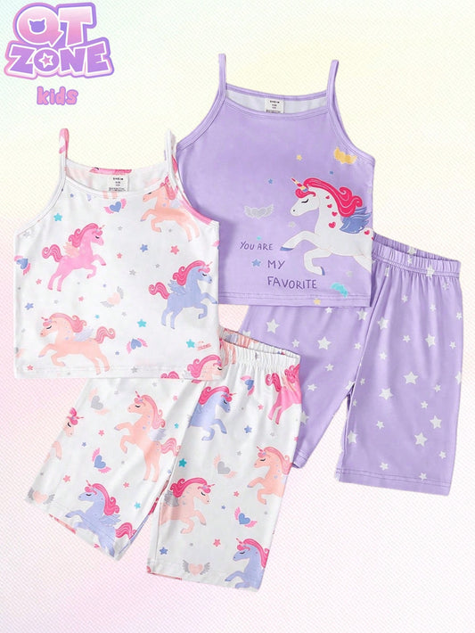 Teen Girls' Simple Unicorn Printed Tank Top With Shorts, Snug Fit Casual Home Outfit Set