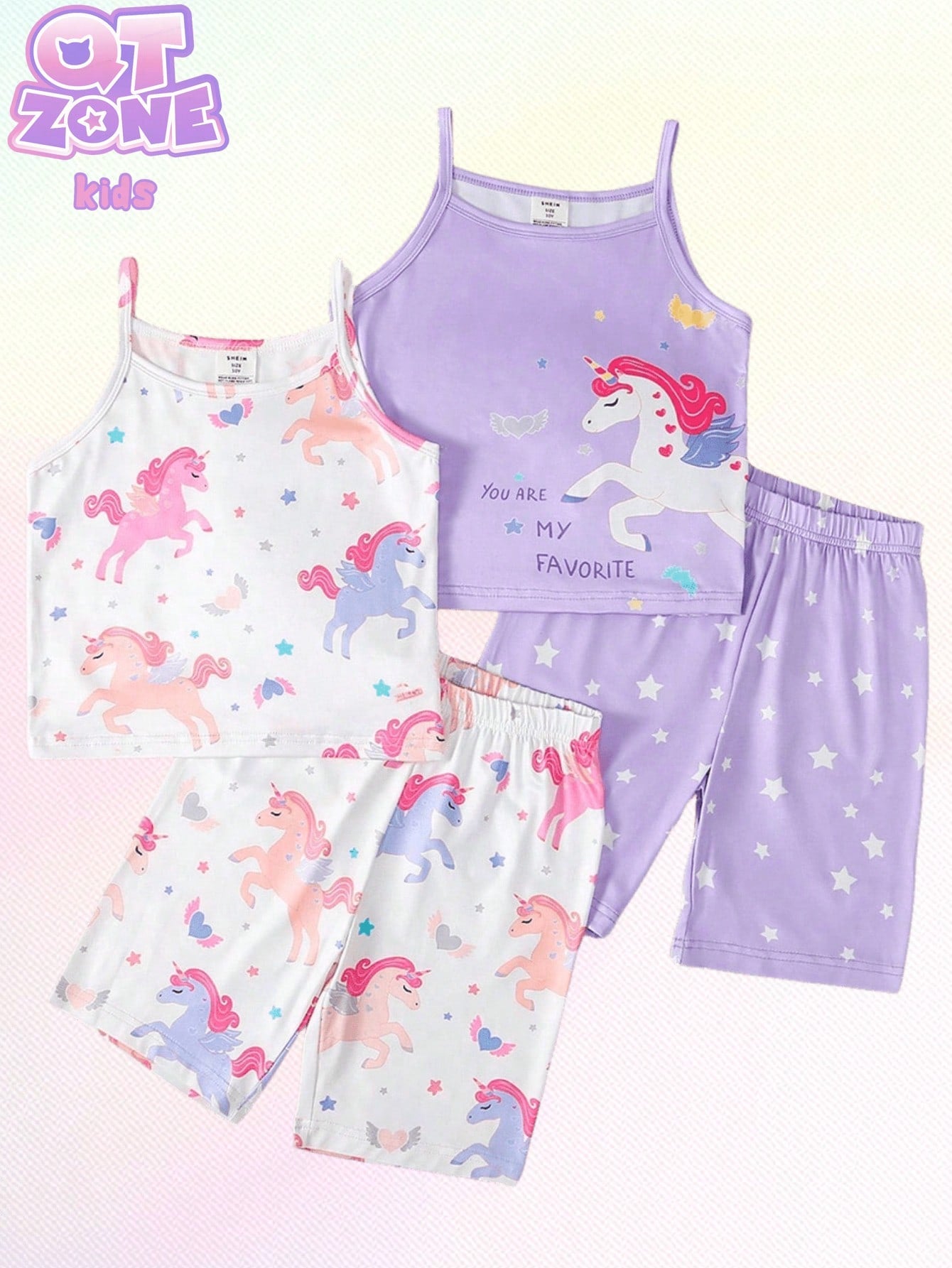 Tween Girl Simple Unicorn Printed Tank Top With Shorts, Snug Fit Casual Home Outfit Set