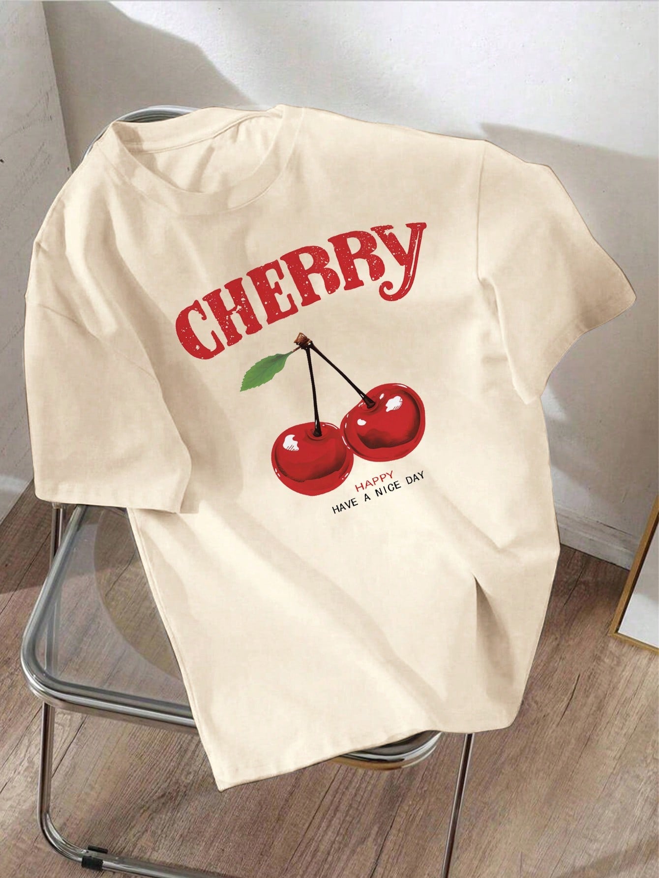 Oversized Cherry Print White Round Neck Short Sleeve T-Shirt, Casual And Simple, Super Loose Fit, Summer Women's Shirt