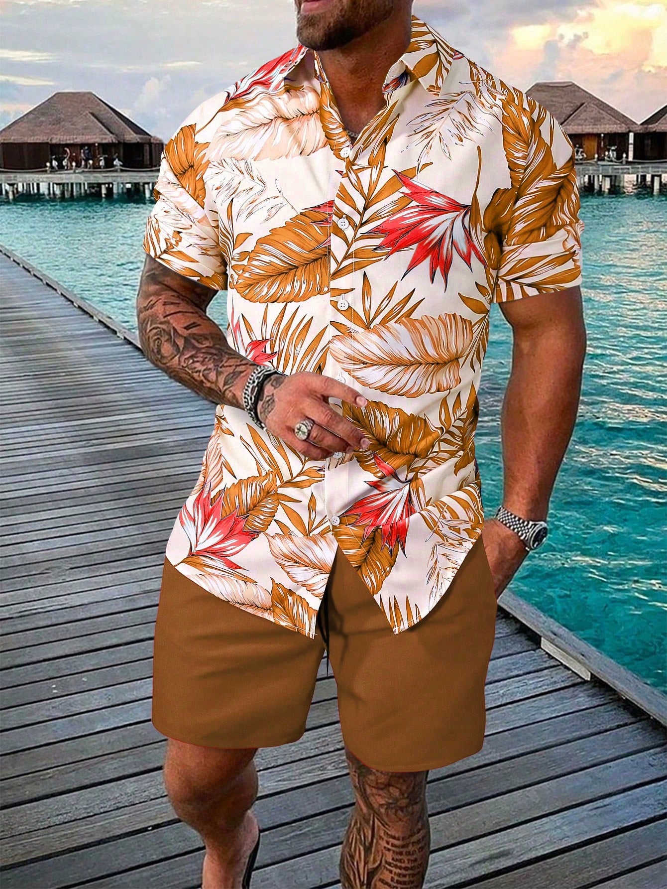 Men Tropical Print Shirt & Shorts