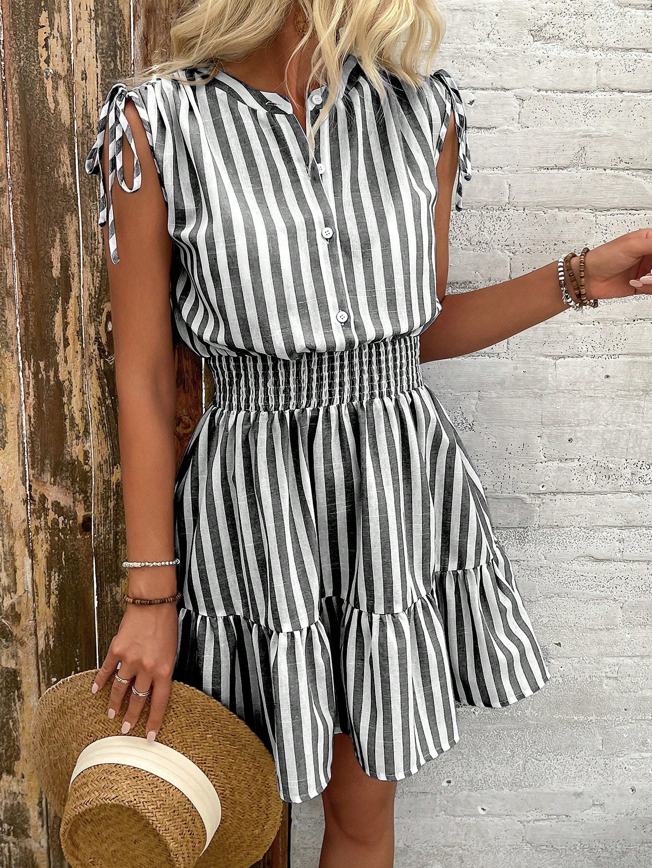 Summer Blue & White Striped Cotton Dress With Shoulder Pleats, Bow Belt And Cinched Waist For Women