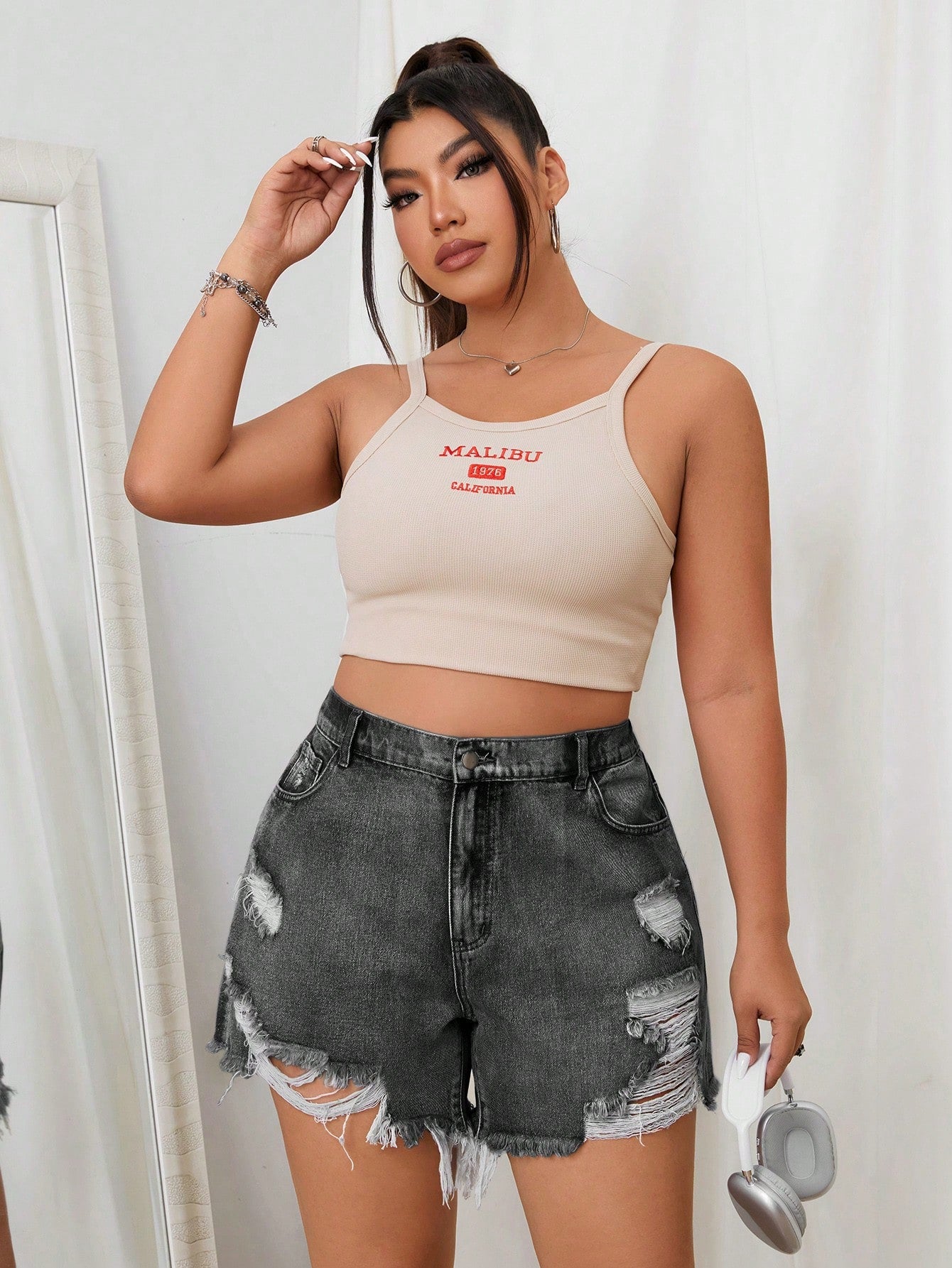 Plus Size Light Wash Ripped Sexy Denim Shorts