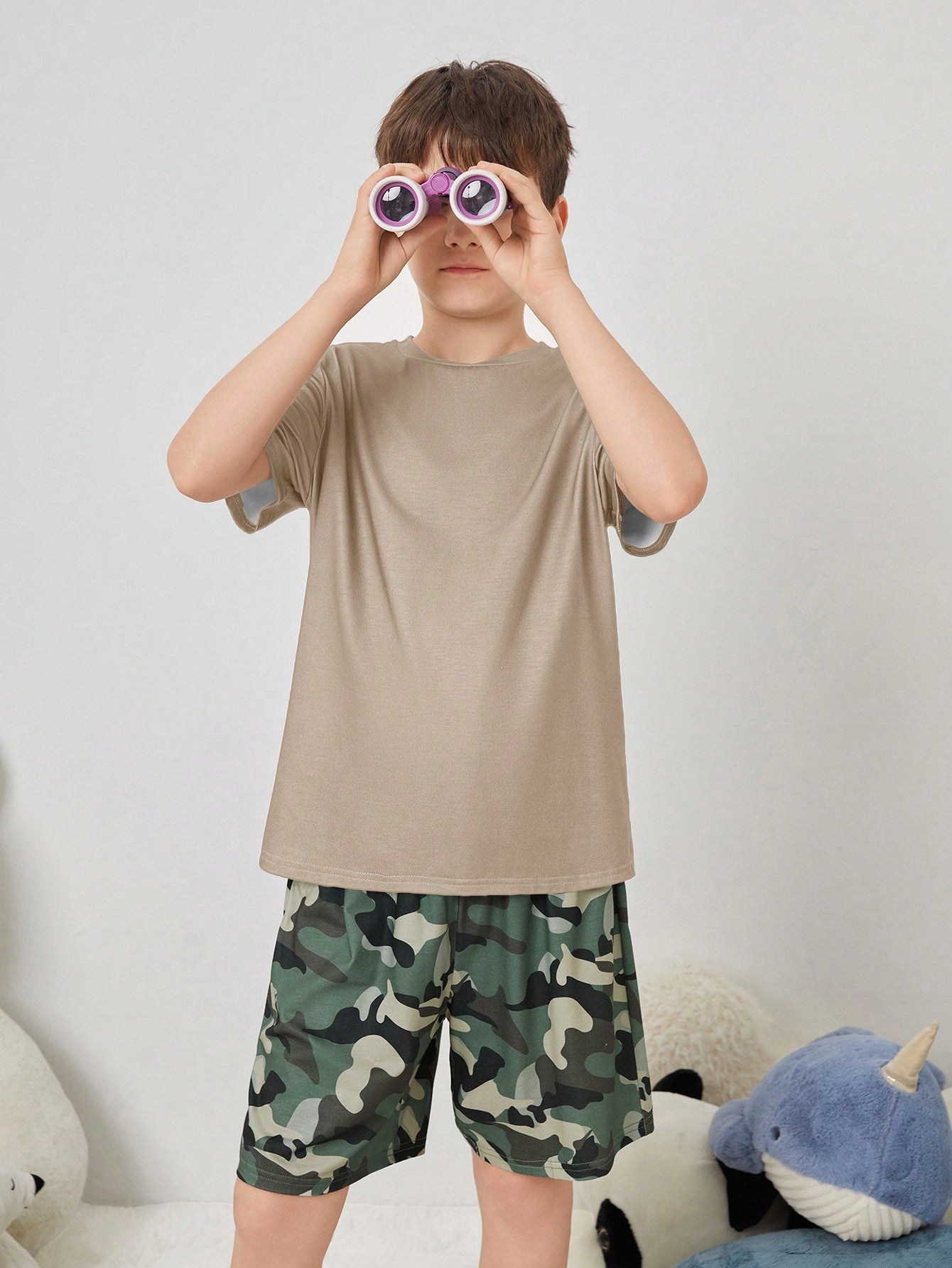 Summer Loose & Casual & Simple Knitted Flame Retardant Home Short-Sleeve T-Shirt And Camouflage Shorts 2pcs/Set For Tween Boys