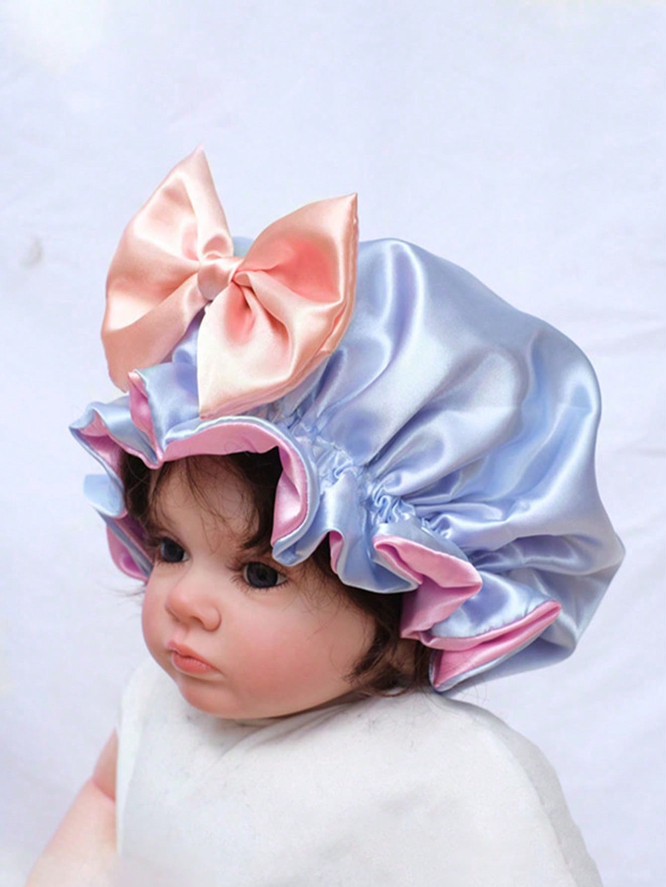 Children Satin Bow Sleep Cap, Elastic Silk-Like Round Baby Bonnet, Infant Hair Protective Hat