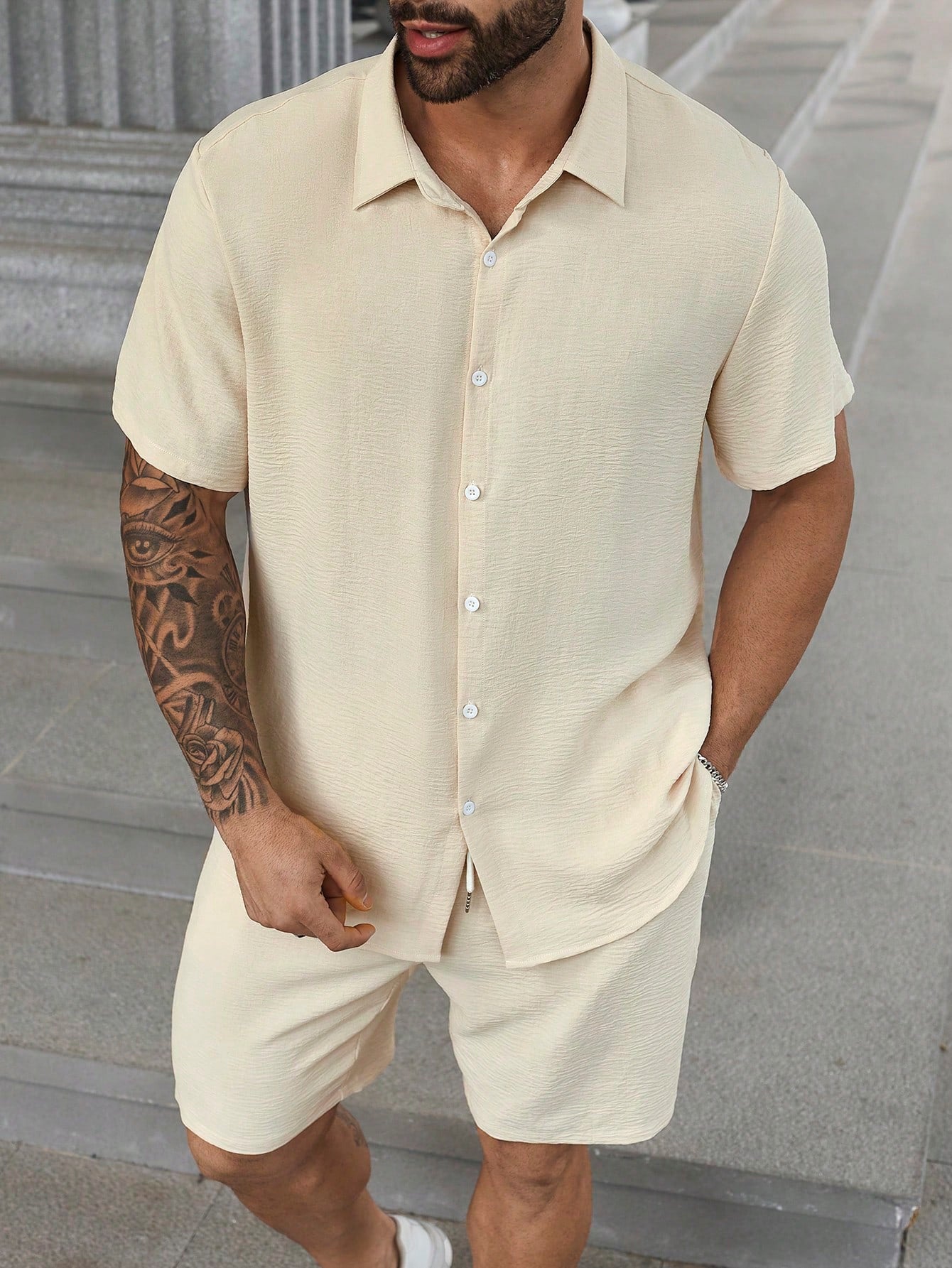 Men's Plus Size 2pcs Button-Up Short Sleeve Top And Loose Stylish Shorts Set