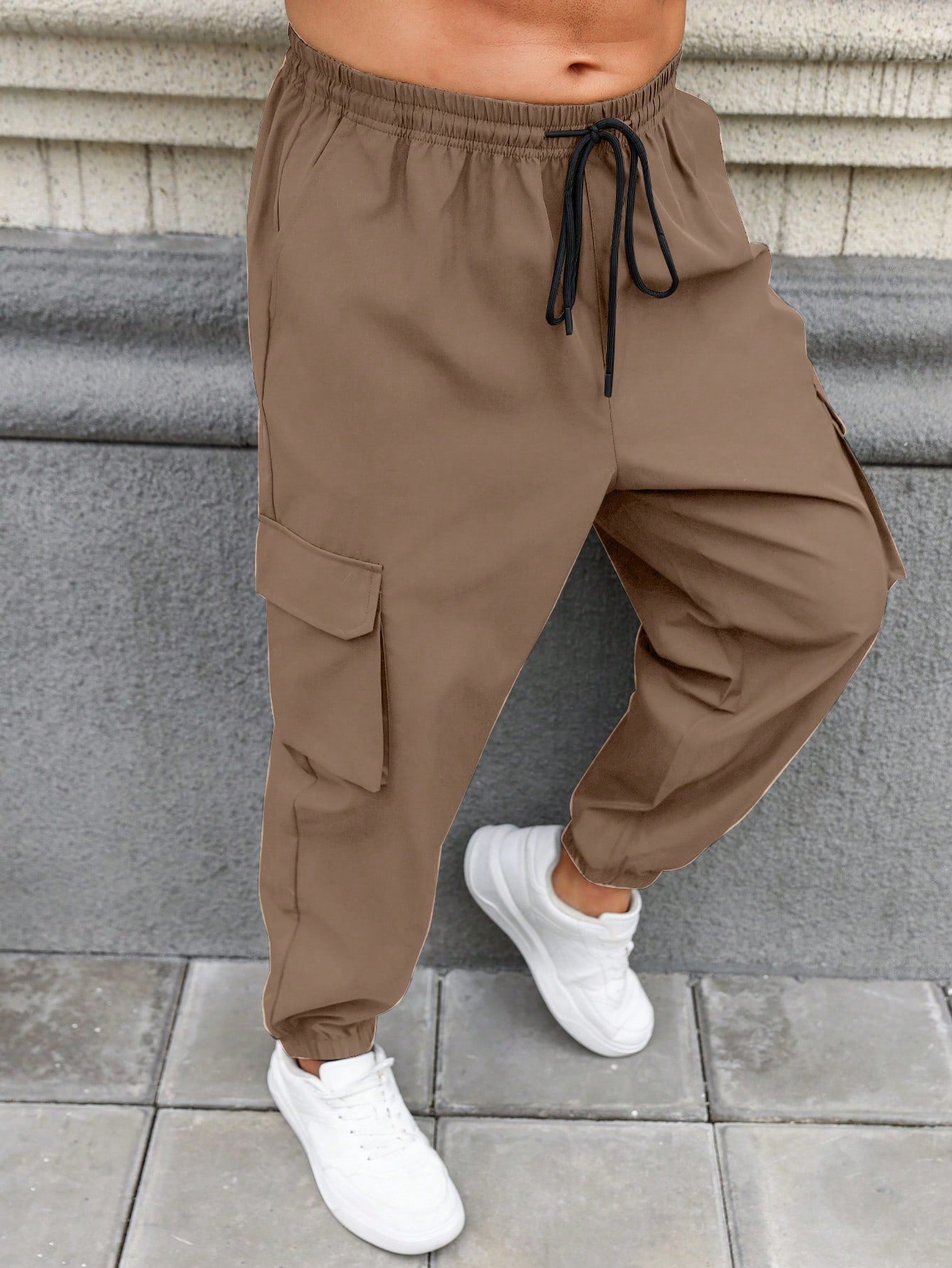 Men's Plus Size Solid Color Cargo Pants With Drawstring Hem And Pockets