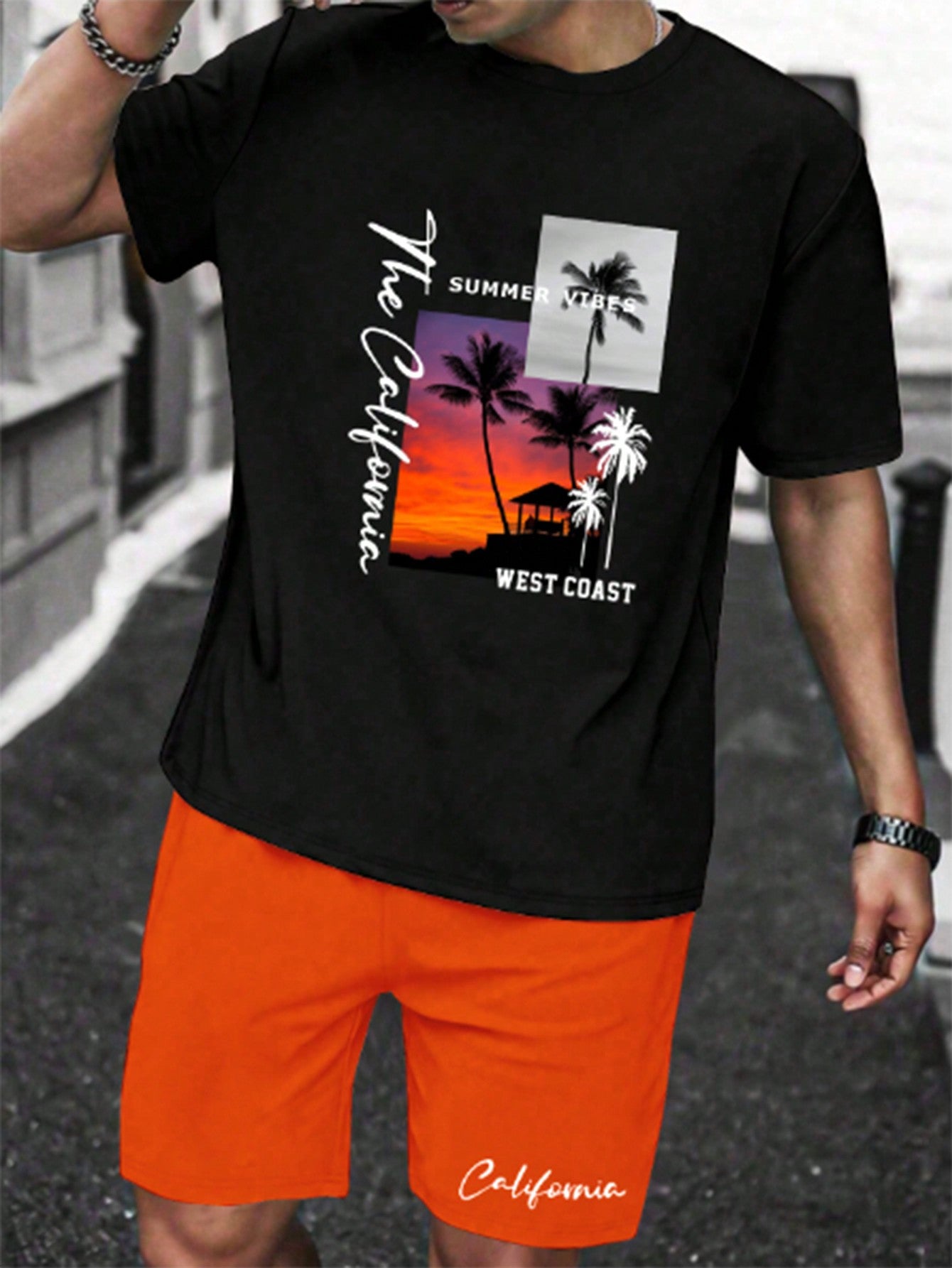 Men's Plus Size Summer Palm Tree Letter Print Round Neck Short Sleeve Casual T-Shirt And Drawstring Waist Shorts Set