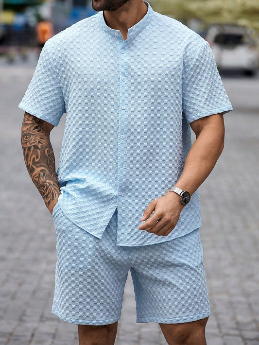 Men's Plus Size Solid Color Short Sleeve Shirt And Shorts Casual Outfit For Summer