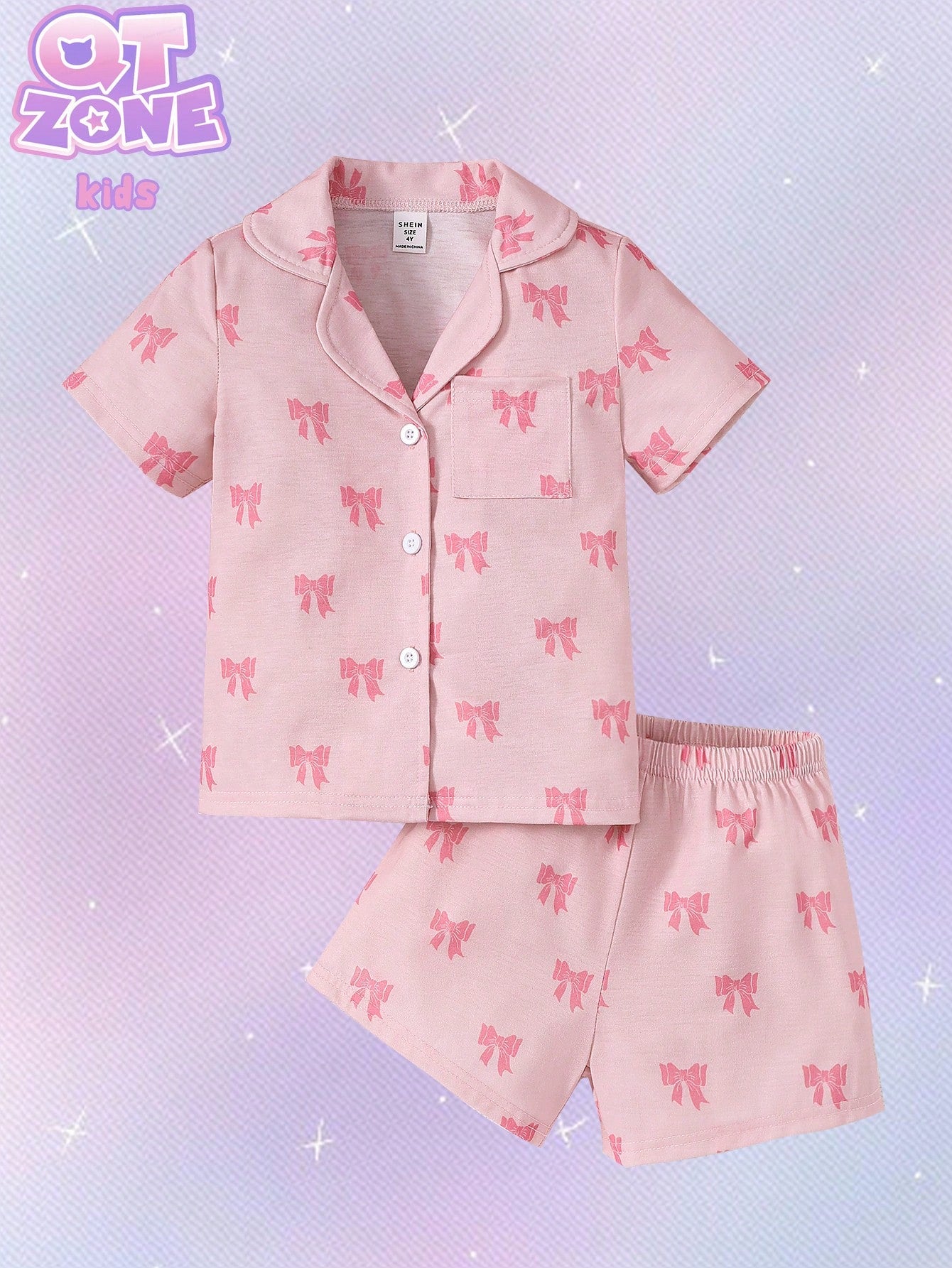 Young Girl Pink Simple Bowknot Printed Short Sleeve Cardigan With Shorts Casual 2-Piece Homewear Set