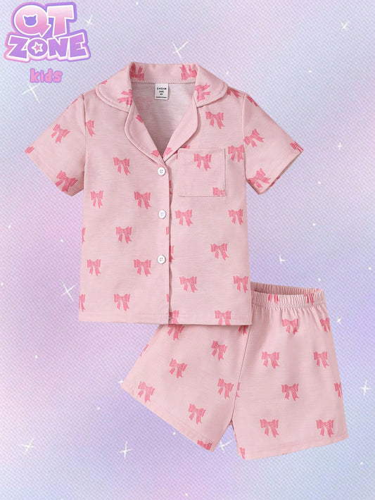 Young Girl Pink Simple Bowknot Printed Short Sleeve Cardigan With Shorts Casual 2-Piece Homewear Set