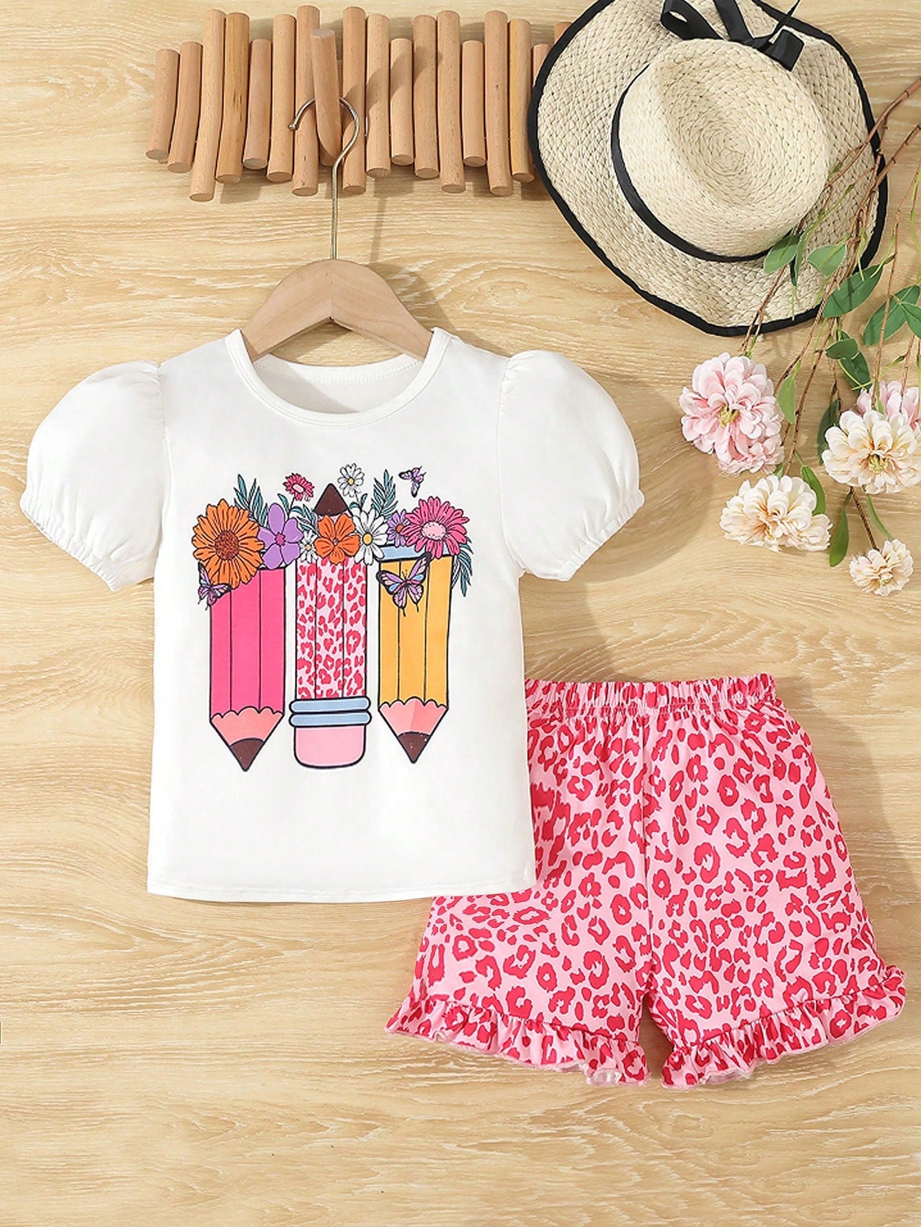 Young Girl Casual 2pcs Set For Back To School Season, Pencil Pattern And Leopard Print