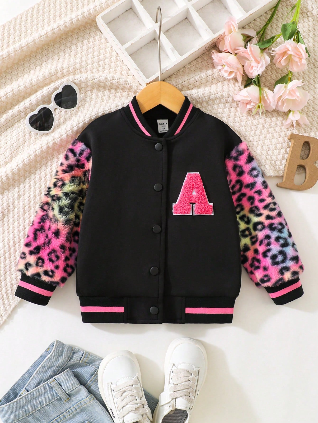 Young Girls' Color Blocked Leopard Fleece Baseball Jacket