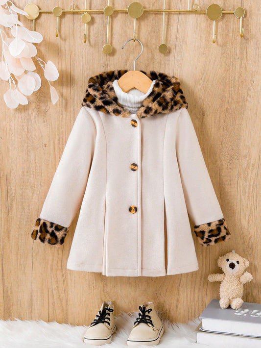 Young Girls' Wool Coat With Button Front And Hood, Featuring Furry Details And Suitable For Commuting Or Casual