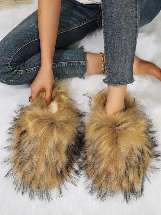 Beige Women's Faux Fur & Furry Dual-Tone Slippers, Round Toe Slip-On Flat Mules, Fashionable, Comfortable, Sexy And Elegant, Perfect For Casual Home Wear, With Plush Lining For Warmth, Soft & Flat Sole