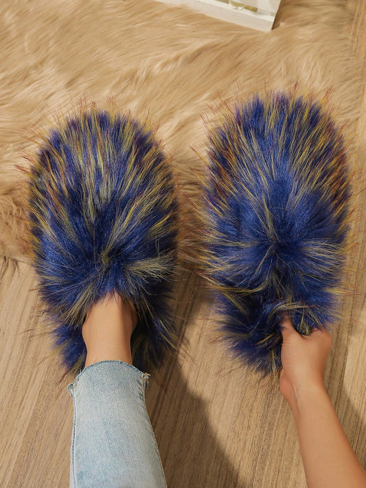 Women's Blue Dual-Color Faux Fur Fluffy Slides, Round Toe Casual Slip-Ons, Fashionable, Comfortable, Sexy, And Elegant. Suitable For Home And Casual Wear, Added Fleece For Warmth, Flat And Soft Home Slippers