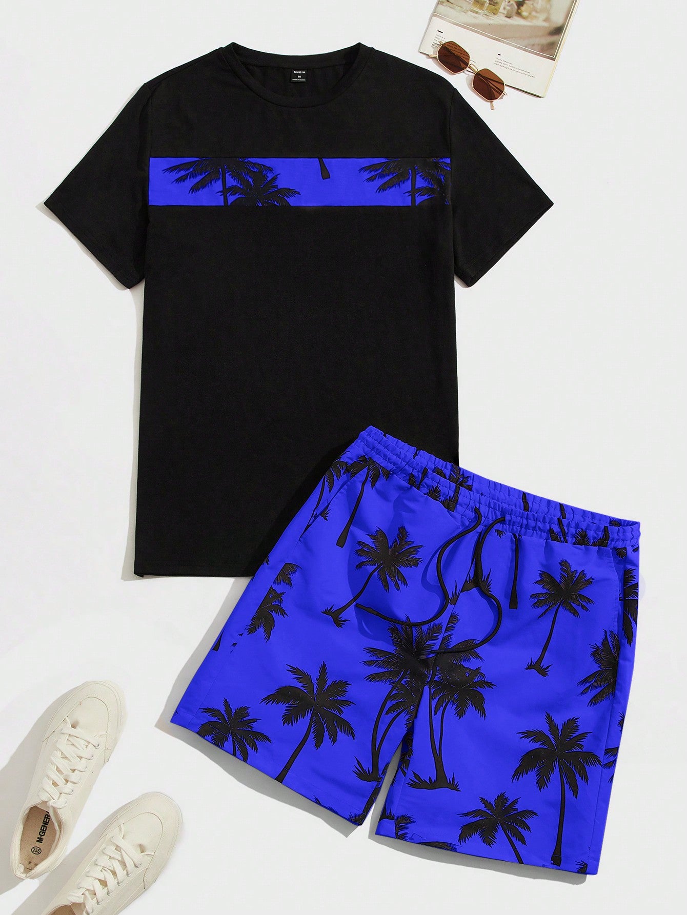 Men's Tropical Print Colorblock Knitted T-Shirt And Drawstring Waist Shorts Set