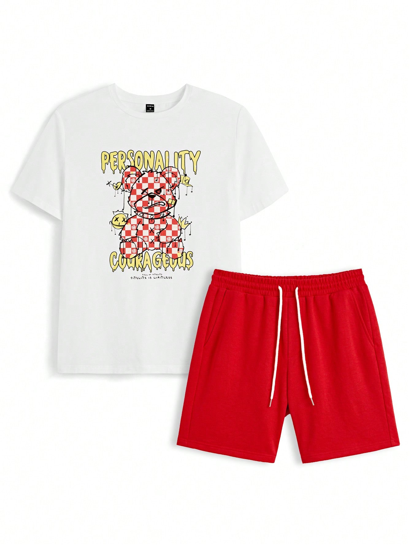 Men'S Cartoon And Letter Print Short Sleeve T-Shirt And Knitted Shorts Casual 2pcs/Set